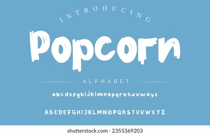 Popcorn Lettering font isolated on black background. Texture alphabet in street art and graffiti style. Grunge and dirty effect.  Vector brush letters.