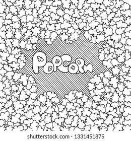 Popcorn lettering on background pattern. Design element. Hand drawn vector black and white illustrations. Cartoon, doodle.