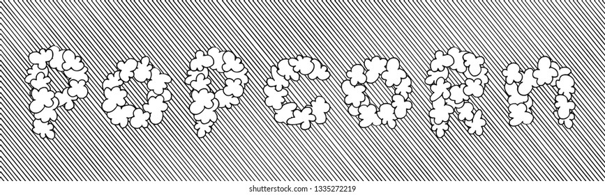 Popcorn lettering. Set of abstract isolated design elements. Hand drawn vector black and white illustrations. Cartoon, doodle.