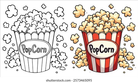 Popcorn Line Art Vector Illustration Black and White with Coloring Sample. Bold and Easy Food, Sweets, Drinks, Dessert, and Snacks Coloring Pages for Adults and Kids.