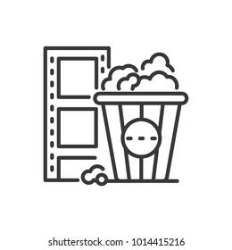 Popcorn - line design single isolated icon on white background. High quality black pictogram. An image of a cup and a film strip. The idea of fast food in the cinema, leisure, entertainment