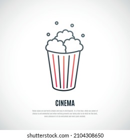 Popcorn line icon isolated on white background. Popular snack food. Striped paper bag with popcorn. Vector illustration.