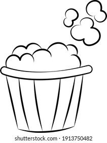 Línea de palomitas. Maíz pop, cubo, caja. Concepto de cine. 