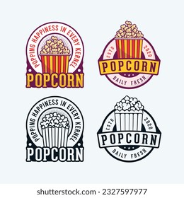 Popcorn logo badge with an illustration of popcorn in the bucket. Popcorn design logo collection.