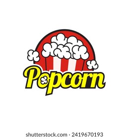 Popcorn logo, label, symbol or sign isolated on white background. Vector illustration of snack for your design.