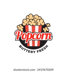 Popcorn logo, label, symbol or sign isolated on white background. Vector illustration of snack for your design.