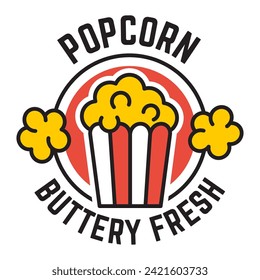 Popcorn logo, label, symbol or sign isolated on white background. Vector illustration of snack for your design.