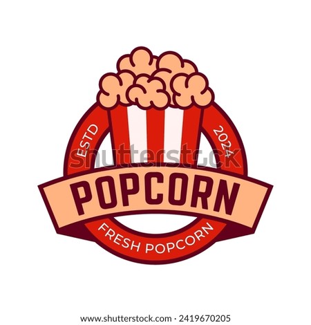 Popcorn logo, label, symbol or sign isolated on white background. Vector illustration of snack for your design.