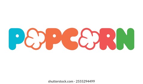 Popcorn logo, Playful and Fun typography with Bright Colors, Vector design, Perfect for Snack and Movie Branding, Ideal for Popcorn Business, Food Packaging, and Entertainment Marketing, Popcorn text 