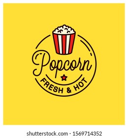 Popcorn logo. Round linear logo of popcorn bucket on yellow background