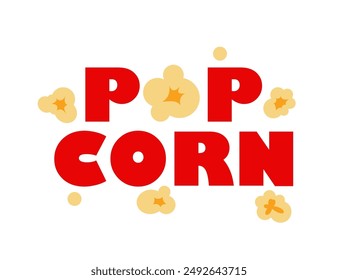 POPCORN logo. Popcorn text with pop corn snack icon. Red color. Graphic design for pop corn pack. Fast food Exploding label for bucket. Vector