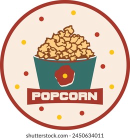 popcorn logo, Vector logo for Popcorn, Popcorn logo badge with illustration of popcorn in bucket