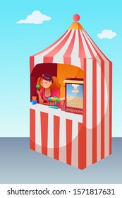 Popcorn and lollipops stand vector illustration. Kiosk, trade booth. Female sweet seller, vendor cartoon character. Holiday fair item, street food festival. Feast, entertainment concept