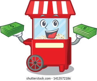 Popcorn machine with money isolated mascot.