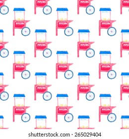 Popcorn machine. Seamless watercolor pattern with container on the white background, aquarelle. Vector illustration. Hand-drawn decorative element. Real watercolor painting