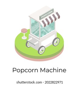 A popcorn machine vendor in isometric icon 