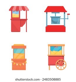 Popcorn maker icons set cartoon vector. Vintage kiosk in amusement park. Street food