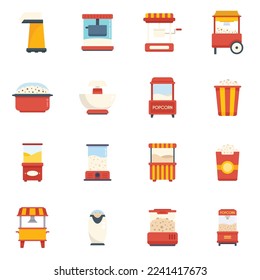 Popcorn maker machine icons set flat vector. Cinema corn. Making cook isolated