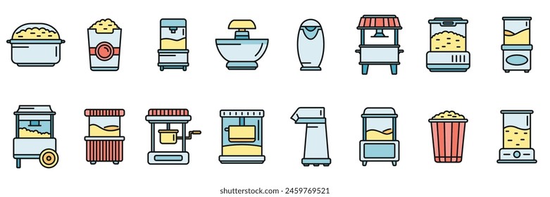 Popcorn maker machine icons set outline vector. Cinema corn. Making cook thin line color flat on white