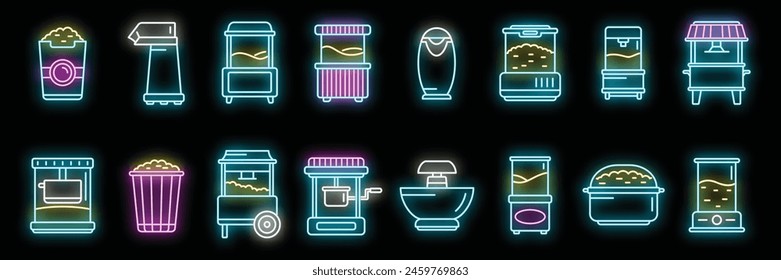 Iconos de la máquina del fabricante de palomitas de maíz establecen el contorno del Vector. Maíz de cine. Haciendo cocinar color neón sobre negro