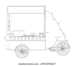 Popcorn maker vector illustration. Vintage kiosk in amusement park. Street food. Tricycle movie theater food. Side view.