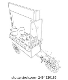 Popcorn maker vector illustration. Vintage kiosk in amusement park. Street food. Tricycle movie theater food. Isometric view. 3D