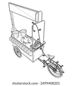 Popcorn maker vector illustration. Vintage kiosk in amusement park. Street food. Tricycle movie theater food. Isometric view. 3D