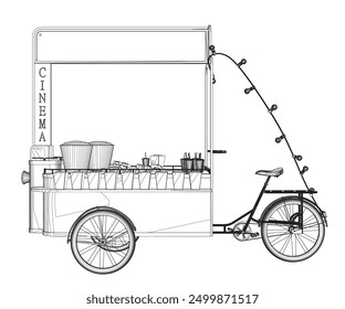 Popcorn maker vector illustration. Vintage kiosk in amusement park. Street food. Tricycle movie theater food. Side view.