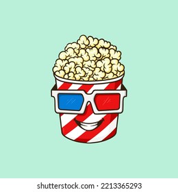 Popcorn Mascot cartoon illustration watch 3d movie Vector