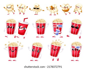 Popcorn mascot. Cartoon sweet and salty popping movie fun snack character with cute face, hands and legs. Vector food for TV series and cinema watching. Illustration of popcorn snack salty and sweet