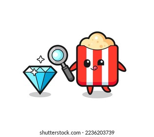 popcorn mascot is checking the authenticity of a diamond , cute style design for t shirt, sticker, logo element