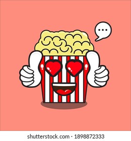 popcorn mascot with love eyes, cute popcorn character with vector design eps 10