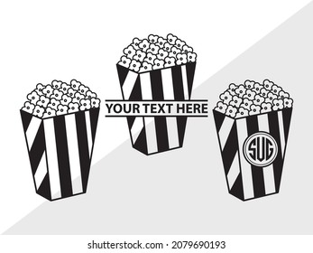 Monograma de palomitas, palomitas de película, ilustración de vectores imprimibles