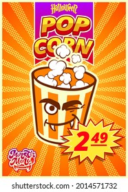 Popcorn Monster Menu. A vertical banner with a price tag for a fast food cafe on Halloween day. Vector illustration.