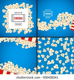 Popcorn for movie lies on blue background. Vector illustration for cinema design. Pop corn food pile isolated. Border and frame for film poster flyer.