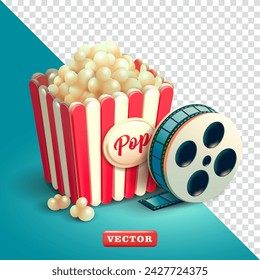 Popcorn and movie rolls, 3d vectors. Suitable for movie events and design elements