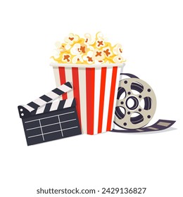  Popcorn, movie tape and clapper on isolated white background. Elements on the theme of the movie theater. Vector illustration.