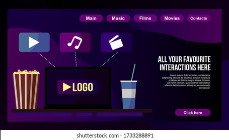 Popcorn for movie theater and online cinema reel on blue and black background. Eps10 vector illustration. Paper package full of jumping popcorns and film tape for cinematography. Music movie films