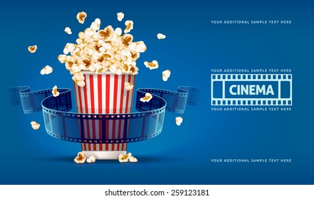 Popcorn for movie theater and online cinema reel on blue background. Eps10 vector illustration. Paper package full of jumping popcorns and film tape for cinematography. 