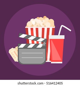 Popcorn for movie theater and online cinema reel on blue background. Eps10 vector illustration. Paper package full of jumping popcorns and film tape for cinematography.