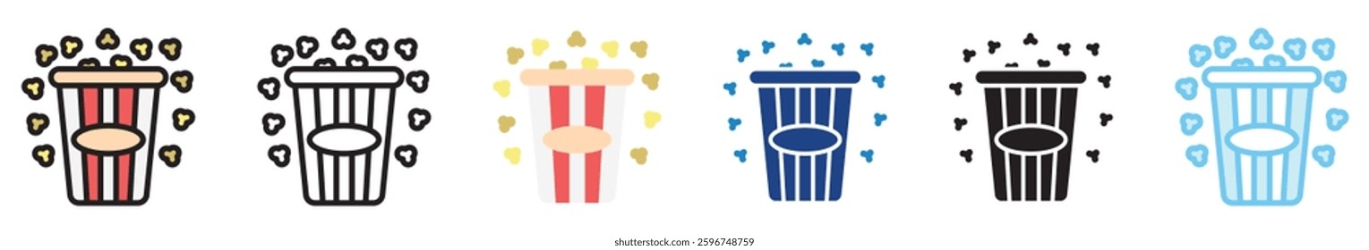 Popcorn multi style, mini illustration icon set. outline, flat, glyph, line color, UI, UX, app and web, digital or print. related to movie, cinema, entertainment.