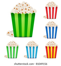 Popcorn in multi-colored striped packages. Illustration on white background
