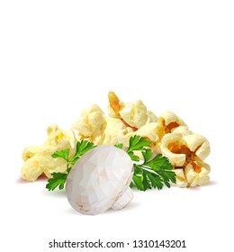 Popcorn with mushrooms low poly. Tasty Popcorn. Elements for label design. Popcorn with mushrooms in triangulation technique. 