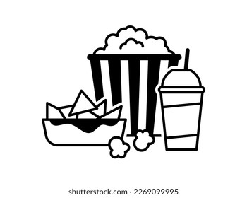Popcorn, nachos and soda with straw. Cinema icon in flat design. vector illustration