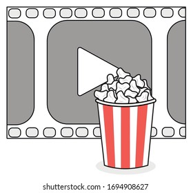 popcorn near the film tape. concept of watching movies behind popcorn. vector illustration.