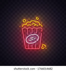 Popcorn neon sign, bright signboard, light banner. Popcorn logo neon, emblem. Vector illustration