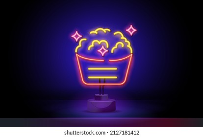 Popcorn neon sign. Glowing neon Popcorn emblem. Snack icon. Stock vector illustration. Night bright neon sign, colorful billboard, light banner.