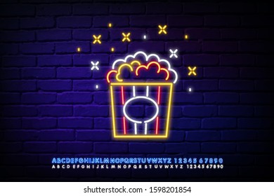 Popcorn neon sign. Luminous signboard with cinema snacks. Night bright advertisement. Vector illustration in neon style for movie night, date, food