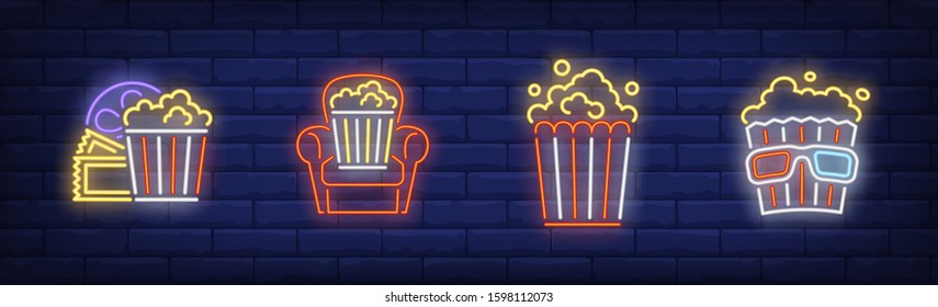 Popcorn neon sign set. Bucket, armchair, ticket, 3d glasses. Vector illustration in neon style, bright banner for topics like cinema, movie watching, entertainment