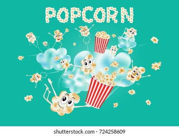 Popcorn on the clouds. Airy popcorn. Cartoon happy cute popcorn character for fastfood design. Vector illustration